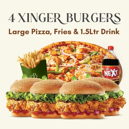 Pizza, Xinger Burgers, Fries, Drink