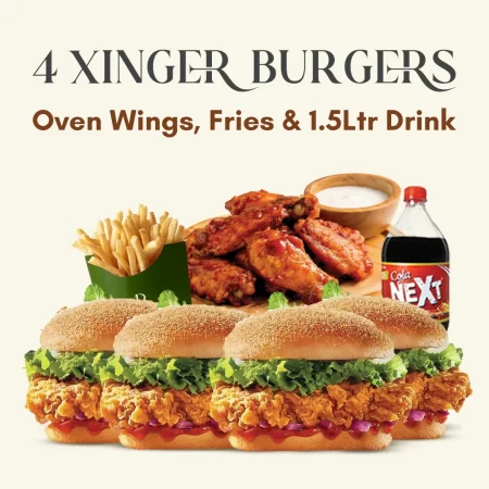 4 Xinger Burgers, Oven Wings, Fries, Drink