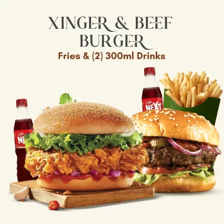 Xinger & Beef Burgers, Fries, Drink